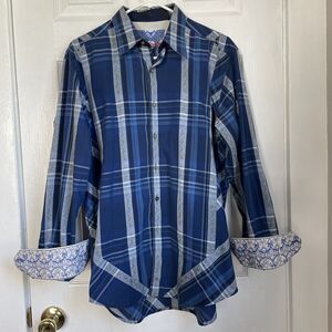 ROBERT GRAHAM Blue Plaid Long Sleeve Button Down size M Flip Cuff embroidered